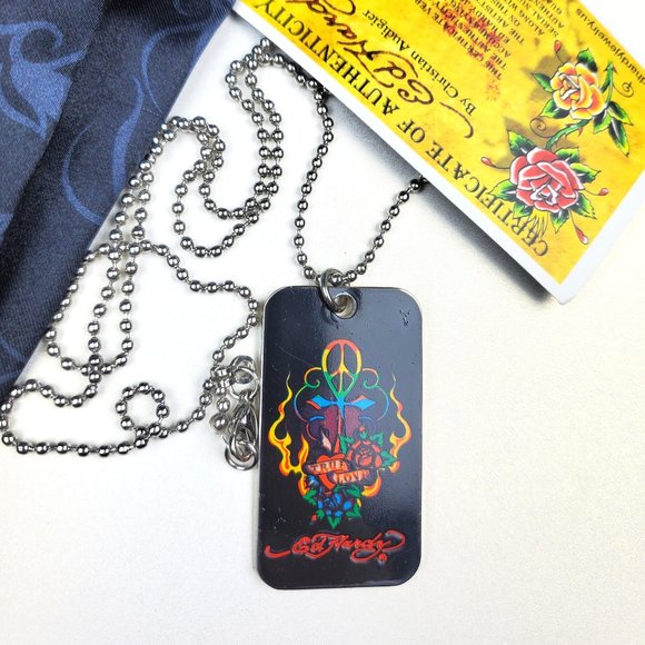 ED HARDY By Christian Audigier VINTAGE Style Necklace / True Love Dog Tag Peace - Picture 3 of 6